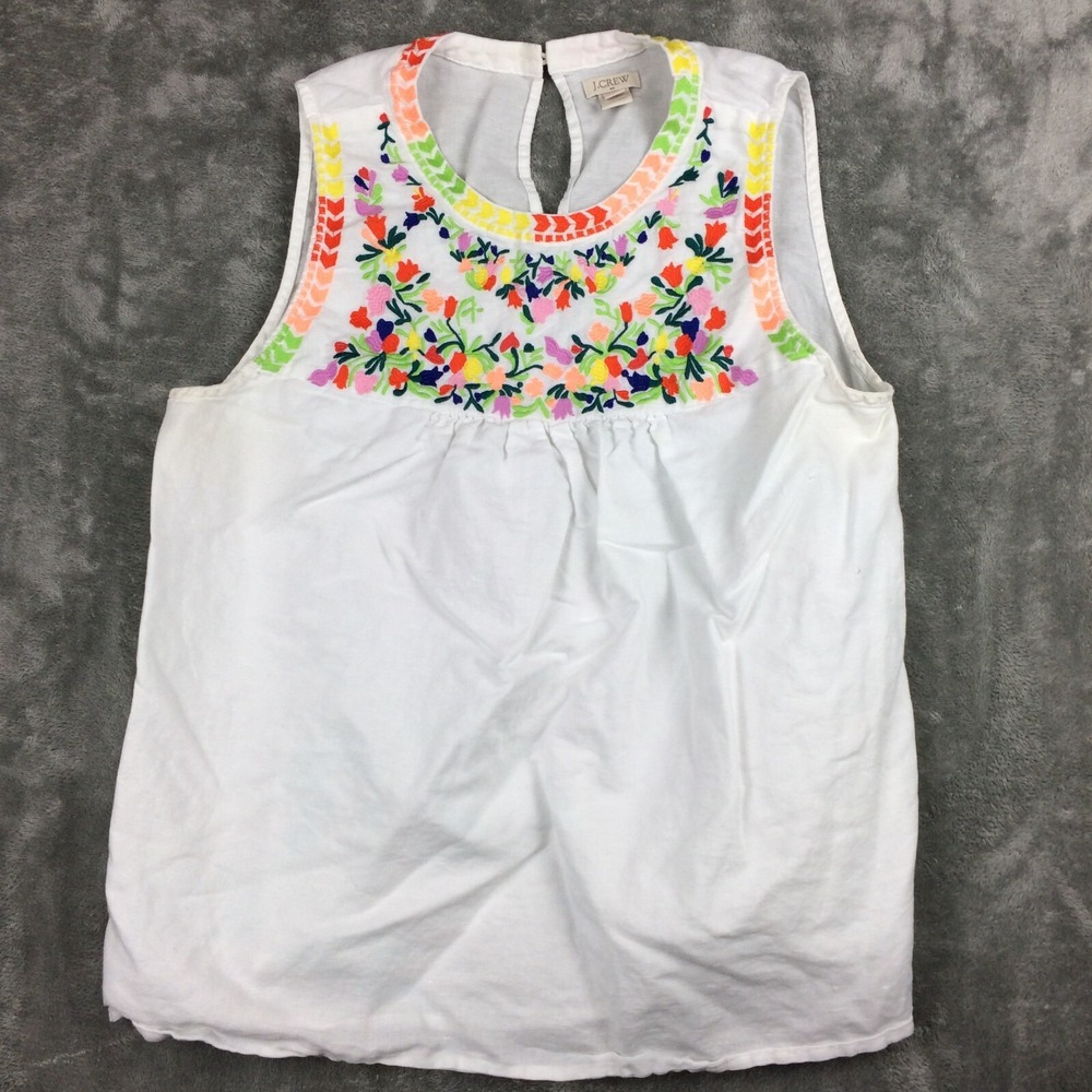 J Crew‎ Shirt Womens 10 Embroidered Cotton Linen White Lined Boho Festival